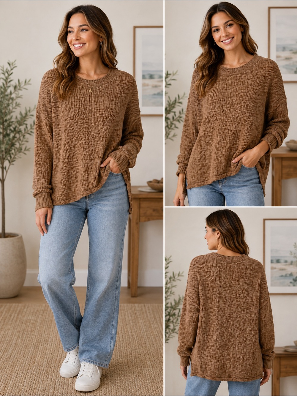 Aerie Sweater Women’s Small Petite Brown Knit Pullover Crew Neck Oversized Cozy